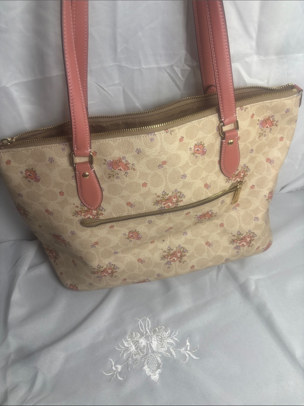 Coach Beige Floral Signature Tote with Pink Trim - Picture 5 of 6